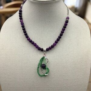Elegant Artisan Purple Amethyst and Green Beaded Necklace